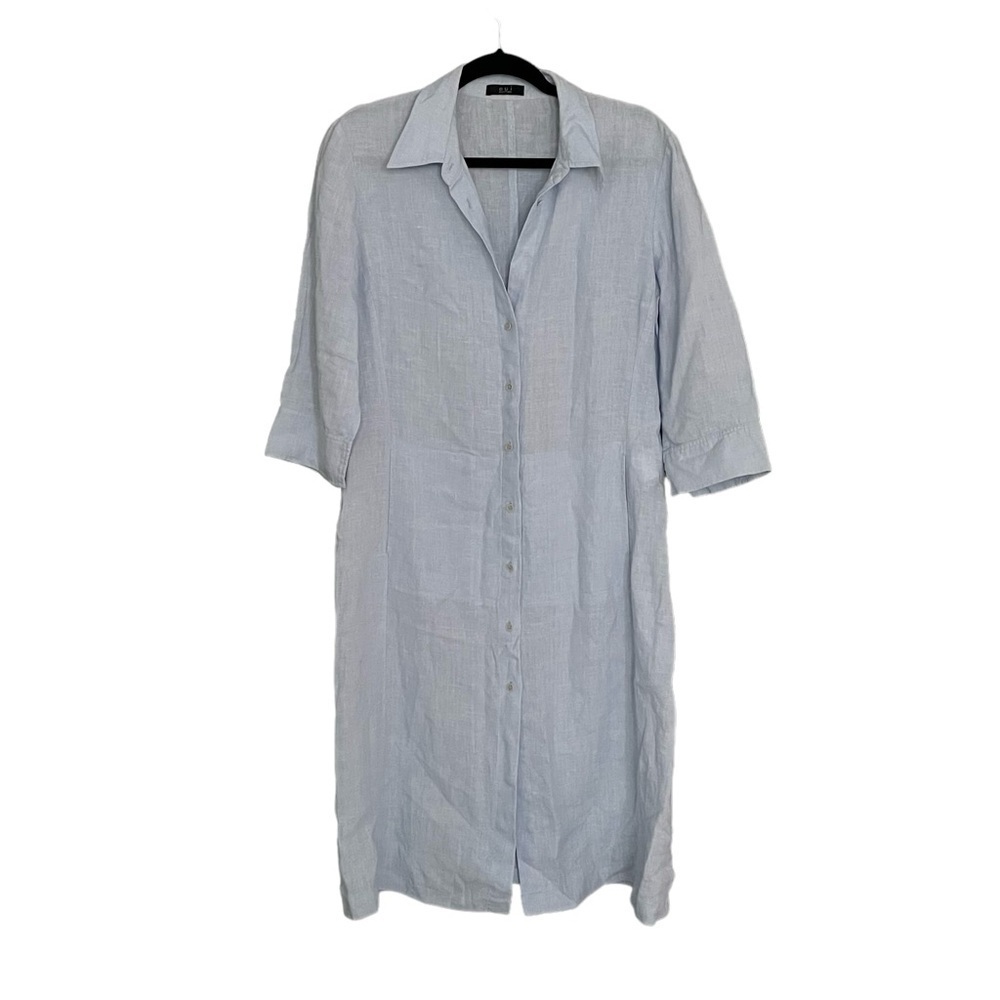 OUI ANYTIME Blue Linen Button Front Midi Shirtdress Dress 12